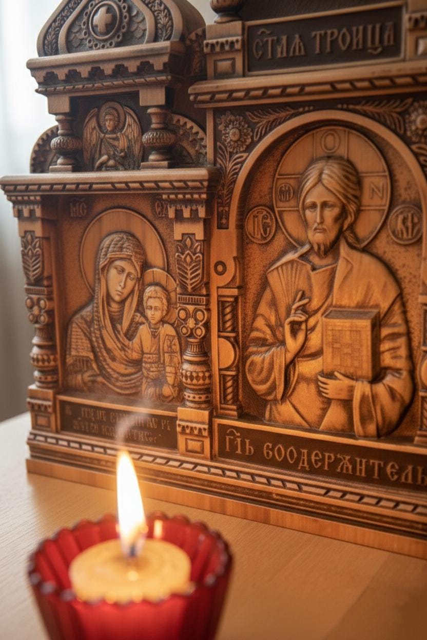 Wood Home Iconostasis 20 in, Stained and Lacquered, Orthodox Prayer Corner with Oil Lamp and Wicks, Jesus Christ Virgin Mary St Nicholas