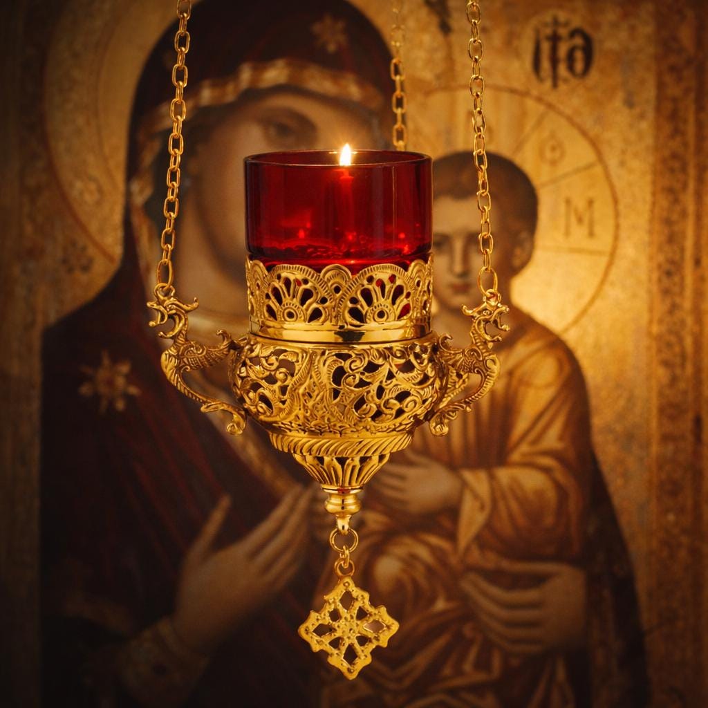 Orthodox Brass Hanging Oil Lamp 7.1 in, Church Prayer Lampada