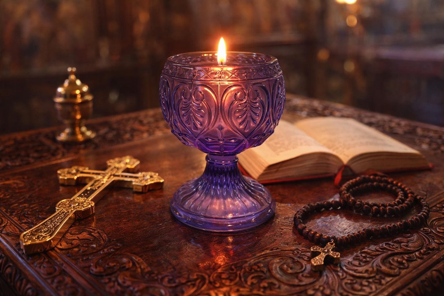 Orthodox Purple Glass Oil Lamp 3.9x2.6 in, Prayer Church Candle Holder