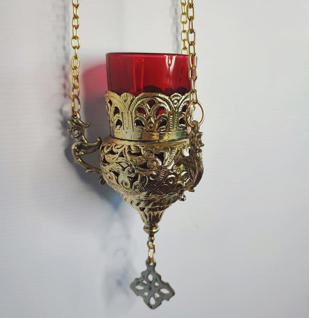 Orthodox Brass Hanging Oil Lamp 7.1 in, Church Prayer Lampada