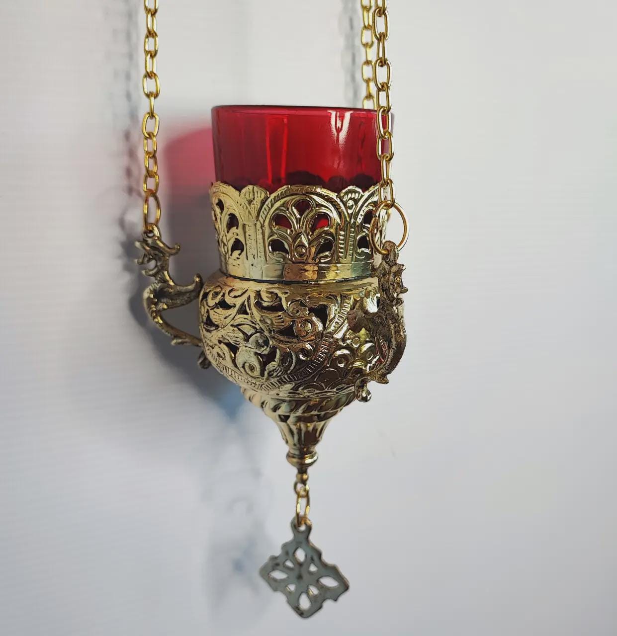 Orthodox Brass Hanging Oil Lamp 7.1 in, Church Prayer Lampada
