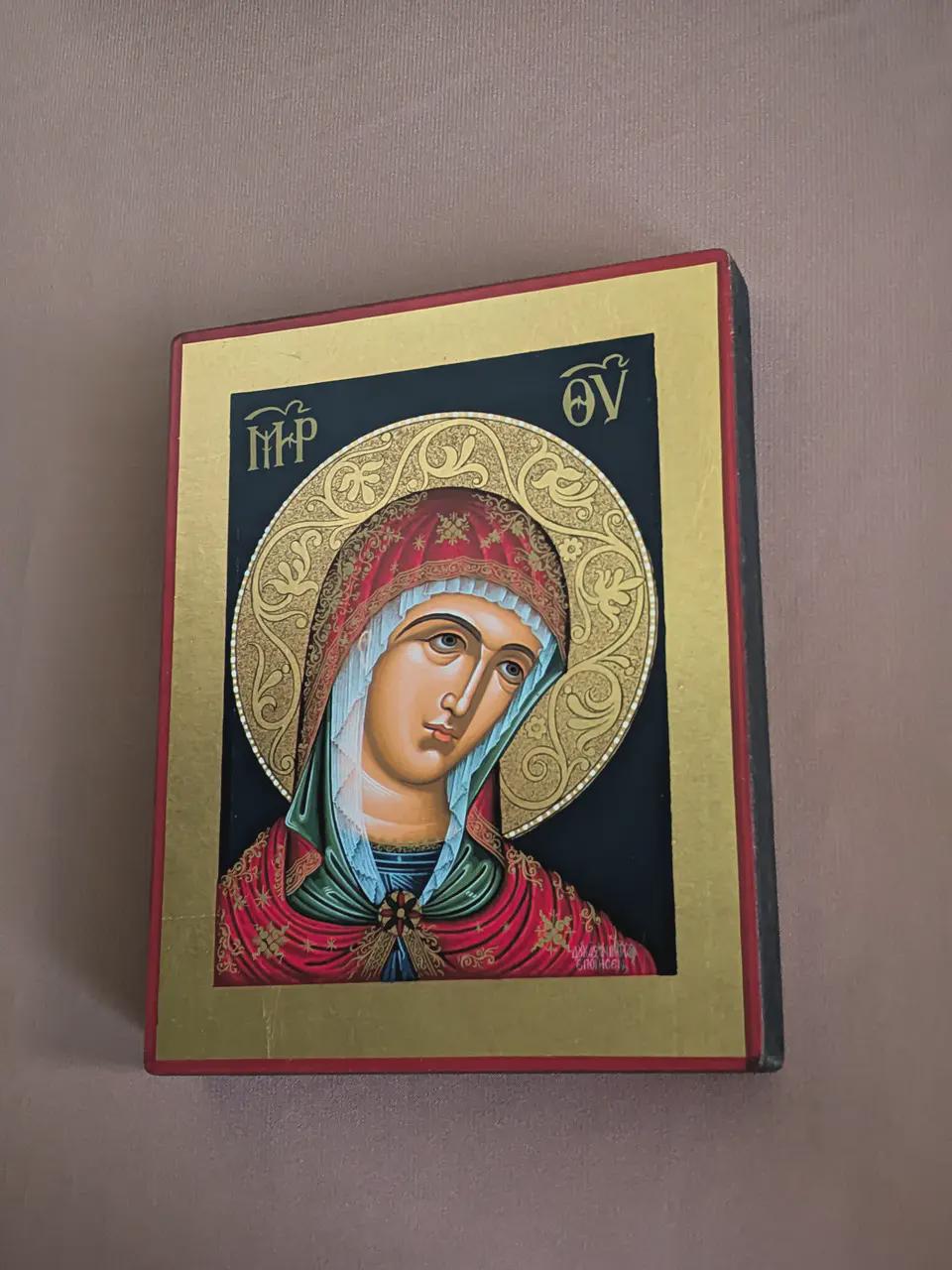 Hand-Painted Greek Icon 7.4×5.9in — Virgin Mary Icon, Byzantine Style, Gold Leaf Icon.