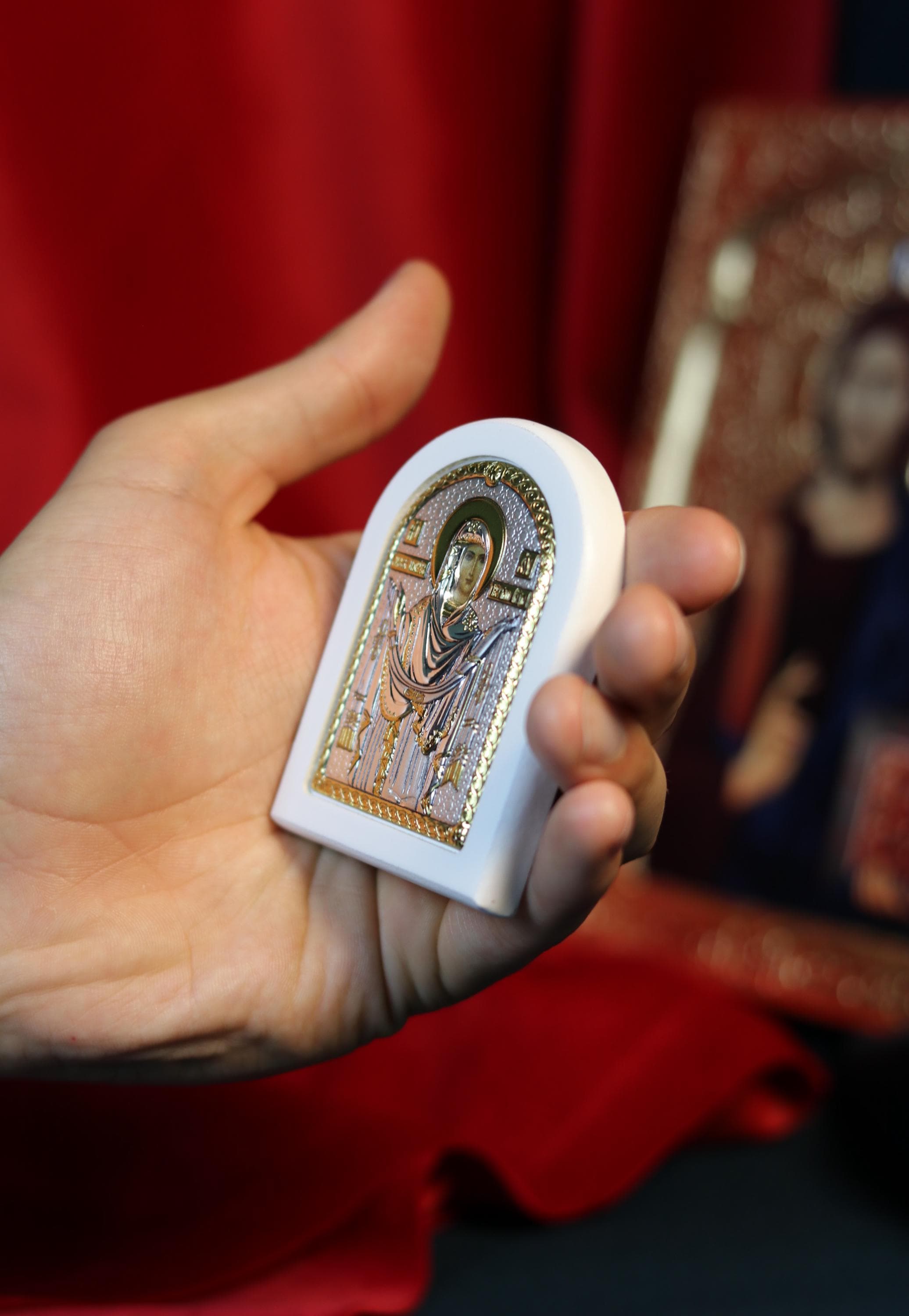 Orthodox Icon Virgin Mary Pokrov 2.36"x2.95" | Silver 925 Gold Gilded | Small Arch Religious Icon | Blessed in Church | Christian Gift