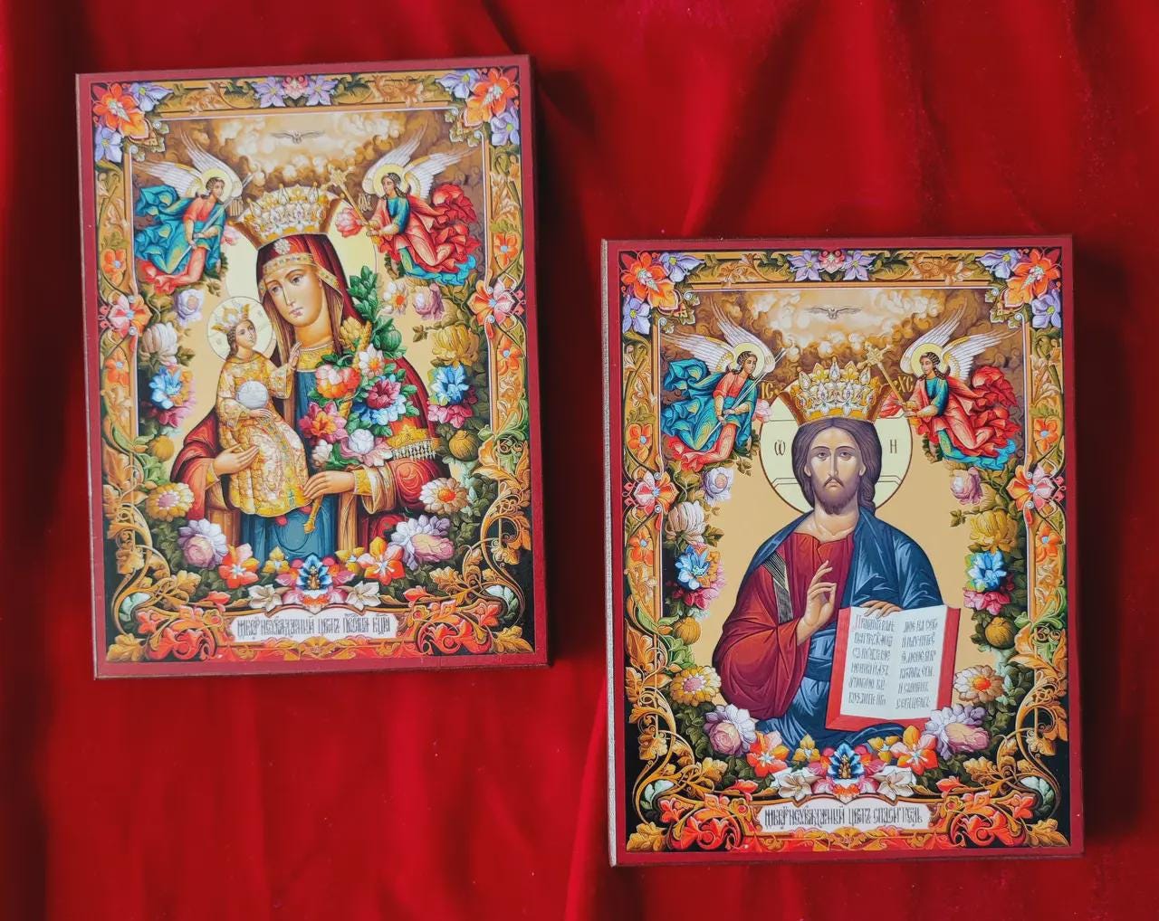 Wood Wedding Icons 7.8x6.1 in, Orthodox Icons, Ever Blooming Flower Icon, Jesus Christ Icon.