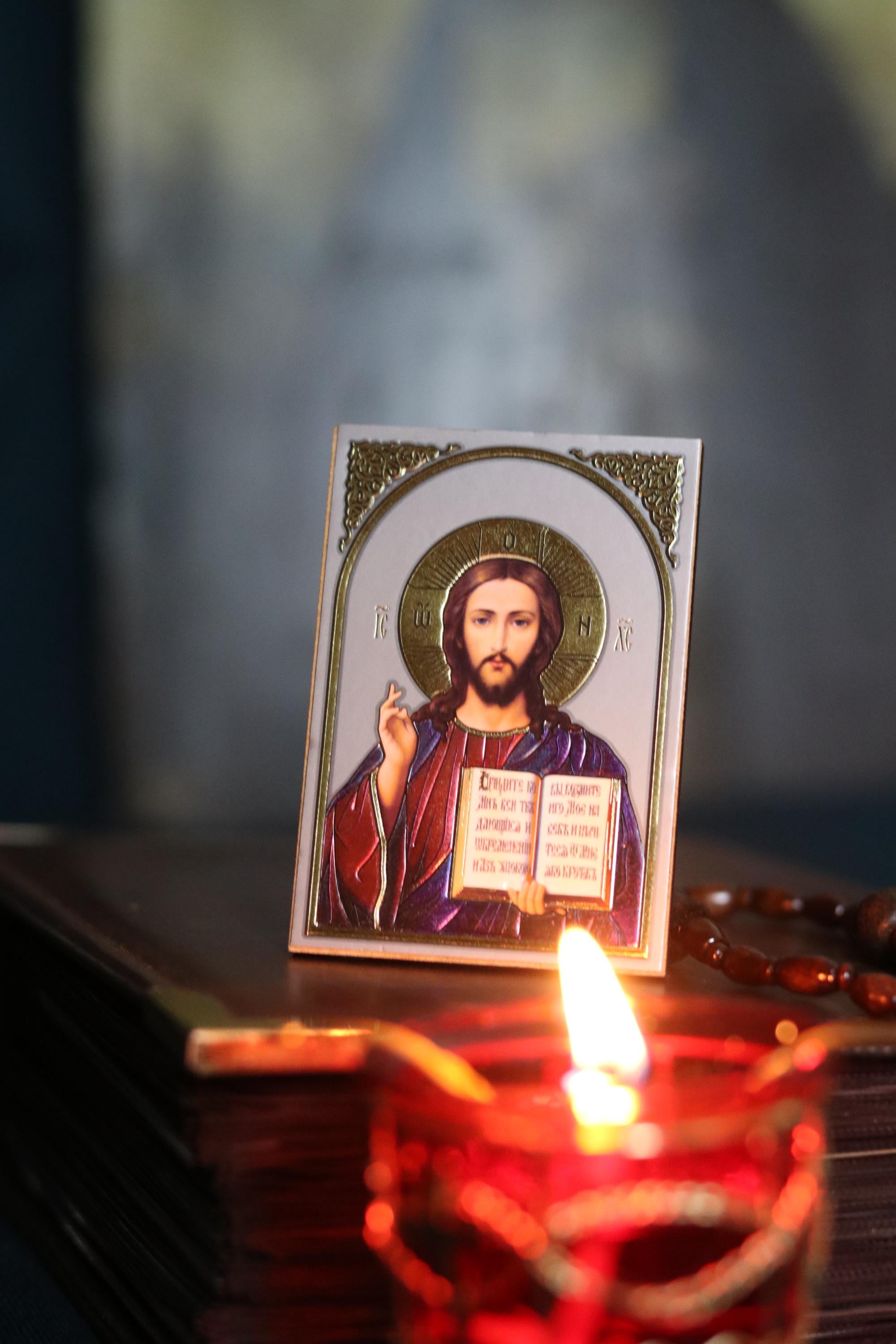 Wooden Orthodox Jesus Icon 3.3in, Christ Pantocrator Icon, Small Prayer Icon