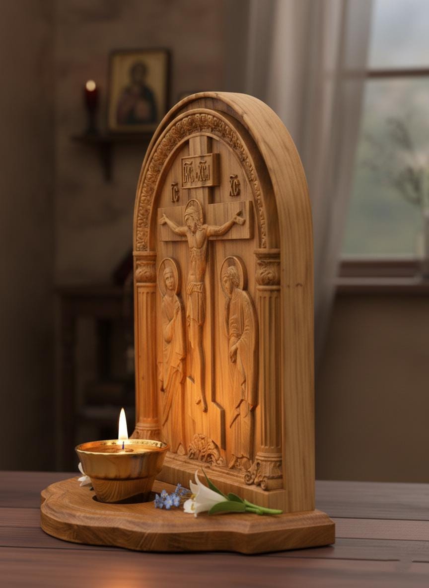 Wooden Golgotha 12 in, Carved Orthodox Icon With Lampada, Crucifixion Icon, Christian Home Decor