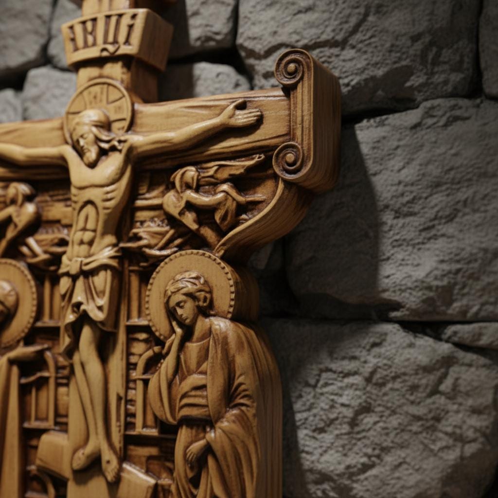 Wooden Wall Golgotha Cross 14x7.5x0.8 in, Hand Carved Beech Crucifix, Orthodox Cross, Christian Home Decor, Religious Gift, Church Icon