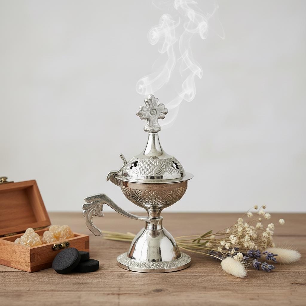 Small Silver Incense Burner 4.3in Set – Greek Orthodox Censer, 50g Greek Incense, 24mm Charcoal Tablets.