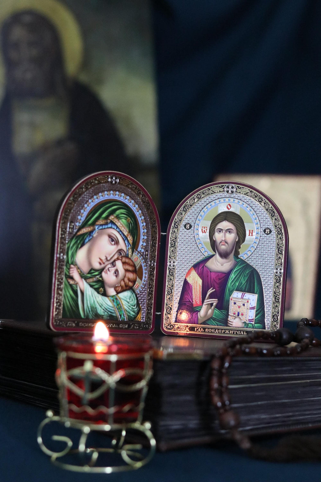 Wooden Folding Icon 4.3in, Orthodox Diptych, Virgin Mary Icon, Jesus Christ Icon, Christian Gift, Prayer Corner Decor
