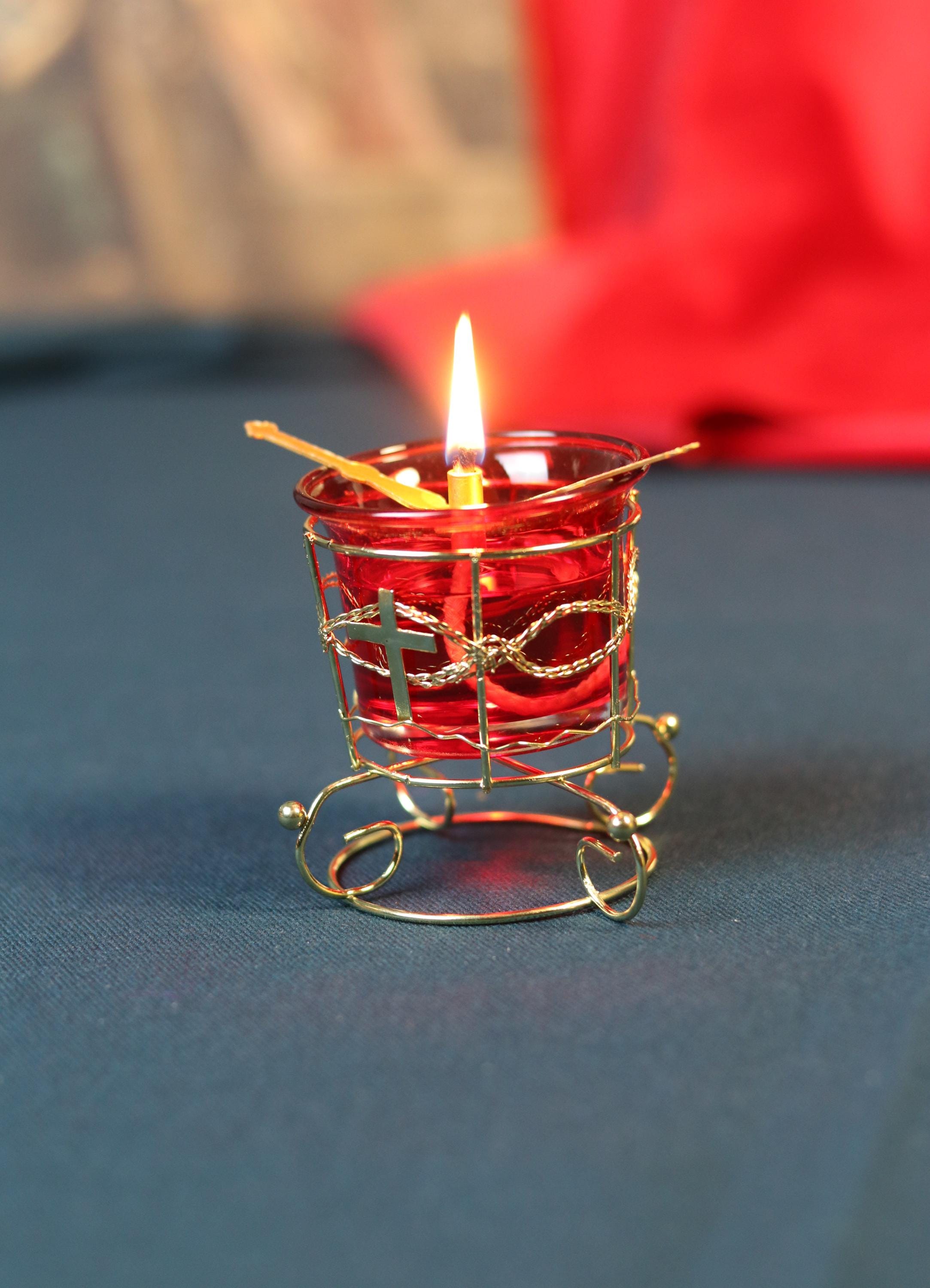 Red Glass Oil Lamp in Metal Stand 2in  – Orthodox Candle Holder for Prayer, Aromatherapy, Altar Decor, Christian Gift, Orthodox prayer