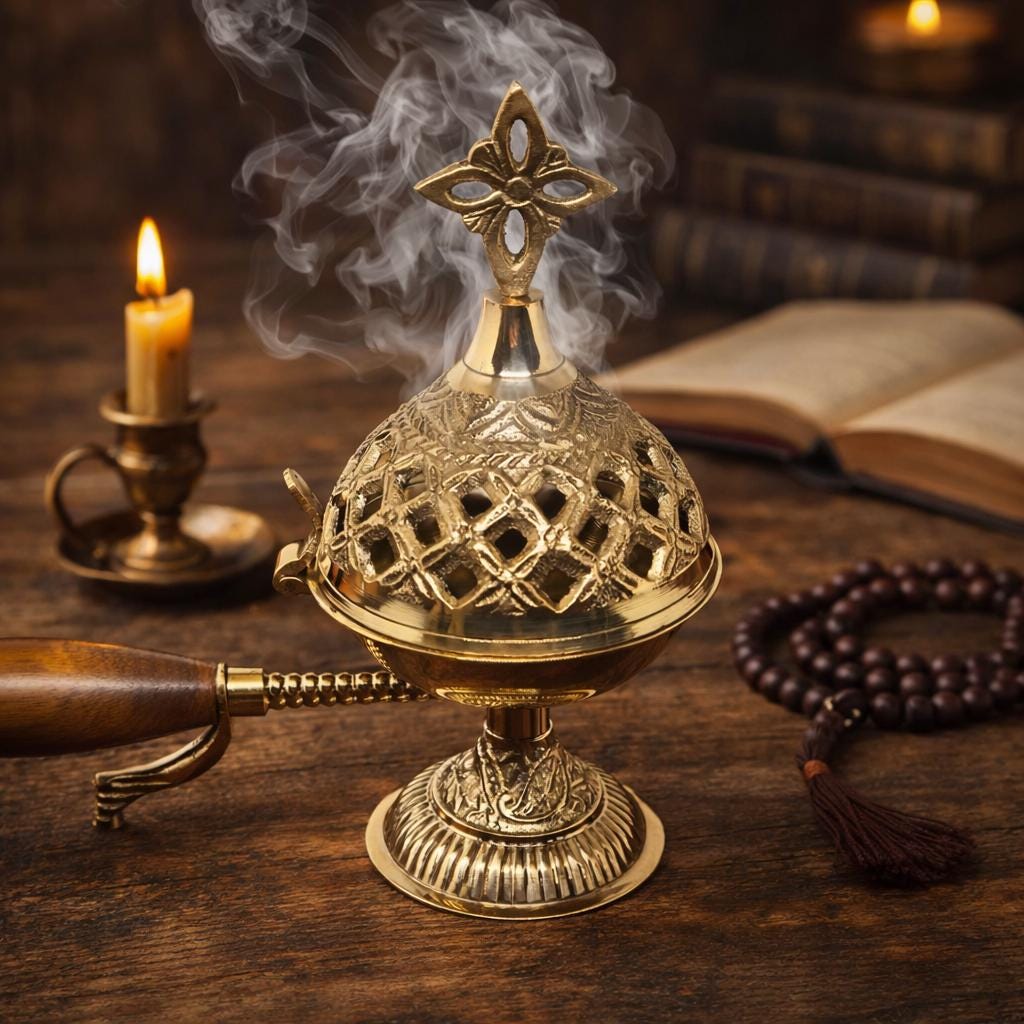 Incense Burner 5.9in Metal Censer Wooden Handle, Orthodox Censer, Religious Decor