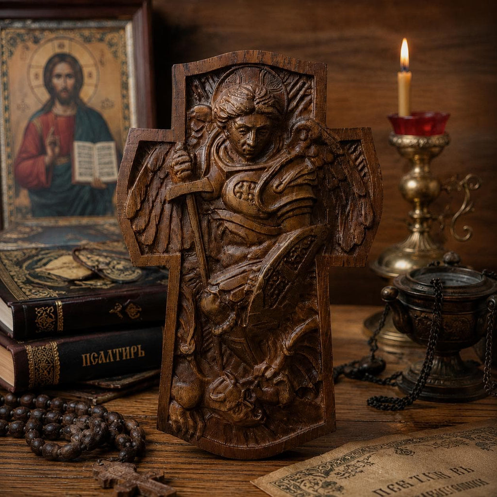 Wood Carved Archangel Michael Cross, Beech Wood Wall Cross, 7.9–19.7in