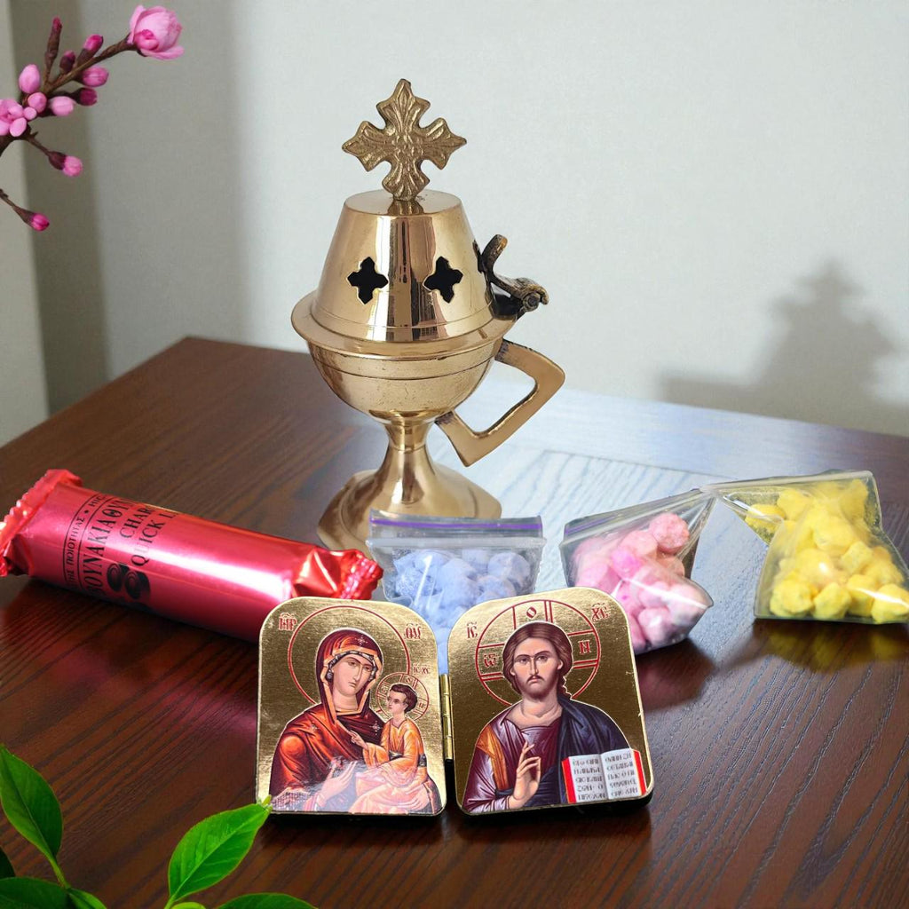 Metal Incense Set 3.9in, Orthodox Censer with Icon, Greek Incense & Charcoal.