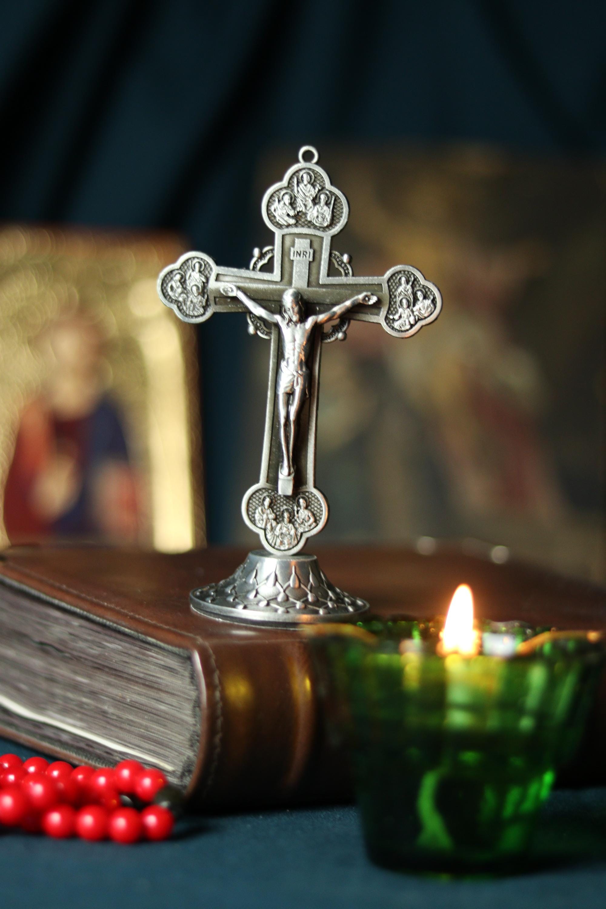 Metal Table Cross 3.5 in, Antique Silver Crucifix, Orthodox Cross, Christian Decor, Desk Cross, Religious Gift, Prayer Cross
