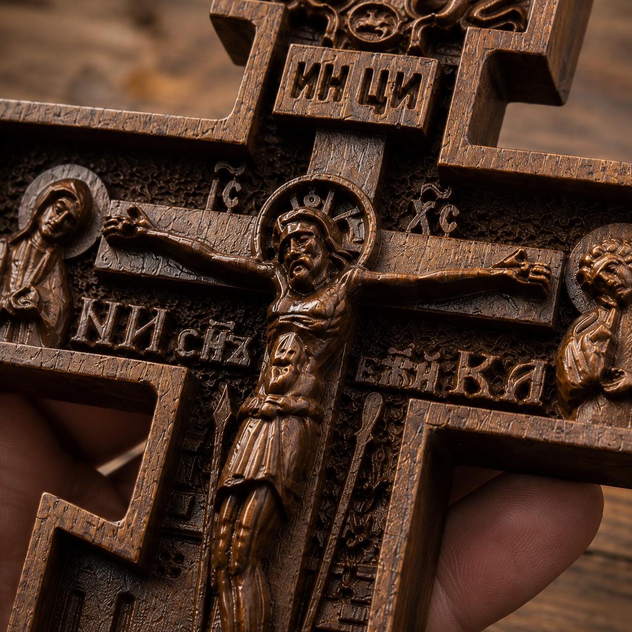 Orthodox Wooden Crucifix, Handcrafted Natural Wood Cross