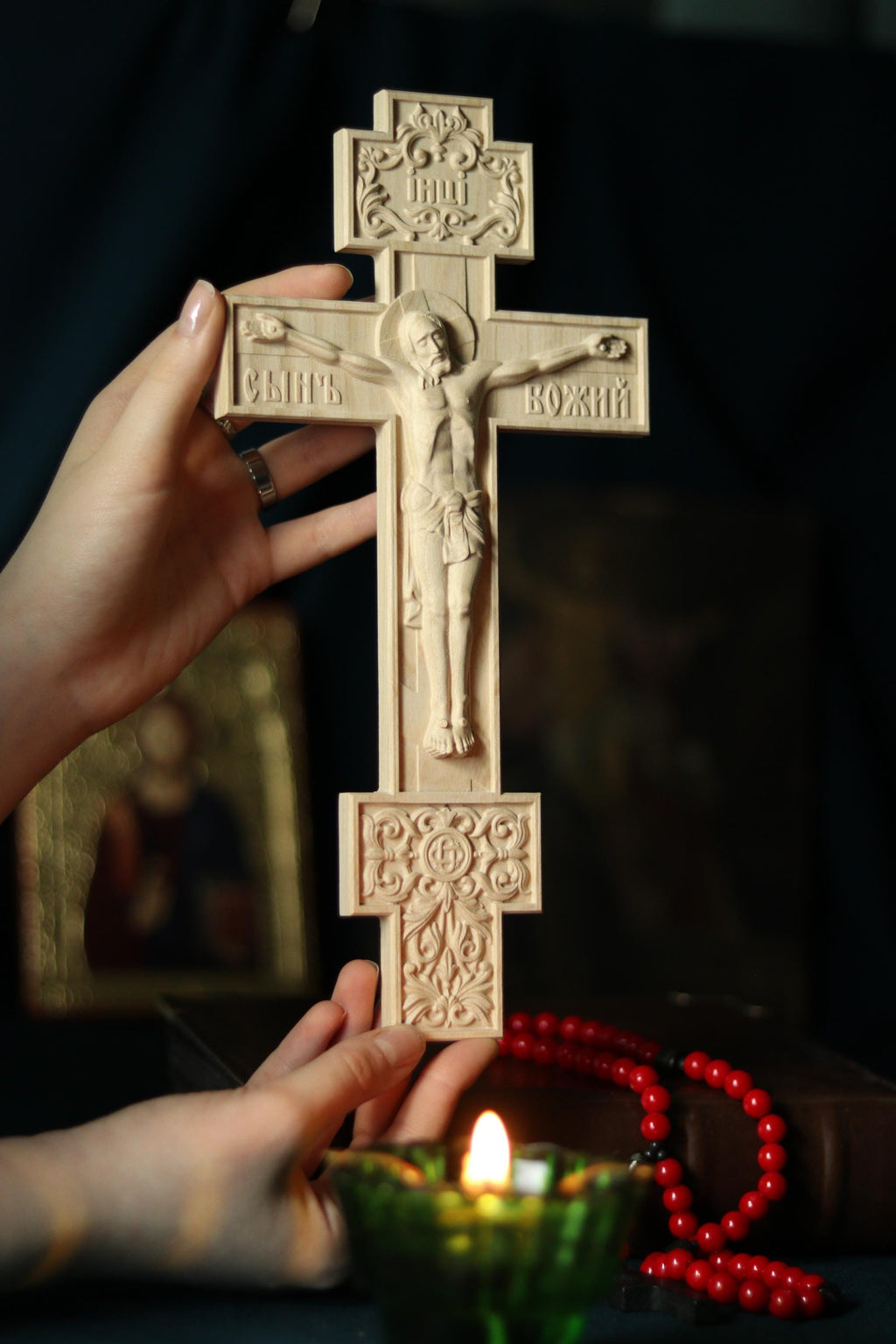 11.8in Beech Wood Church Cross, Wooden Crucifix Jesus Christ, Orthodox Cross, Christian Wall Cross, Prayer Corner Decor