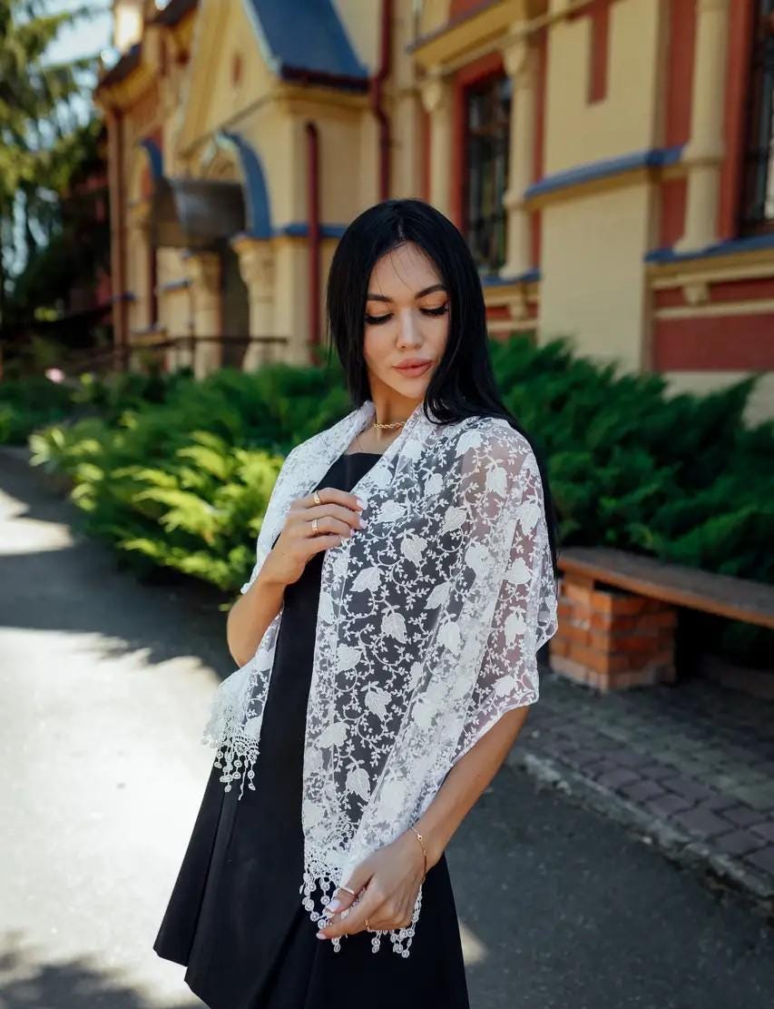 White Chiffon Women Scarf, 61x20 Inch, Floral Lightweight Shawl, Elegant Summer Scarf