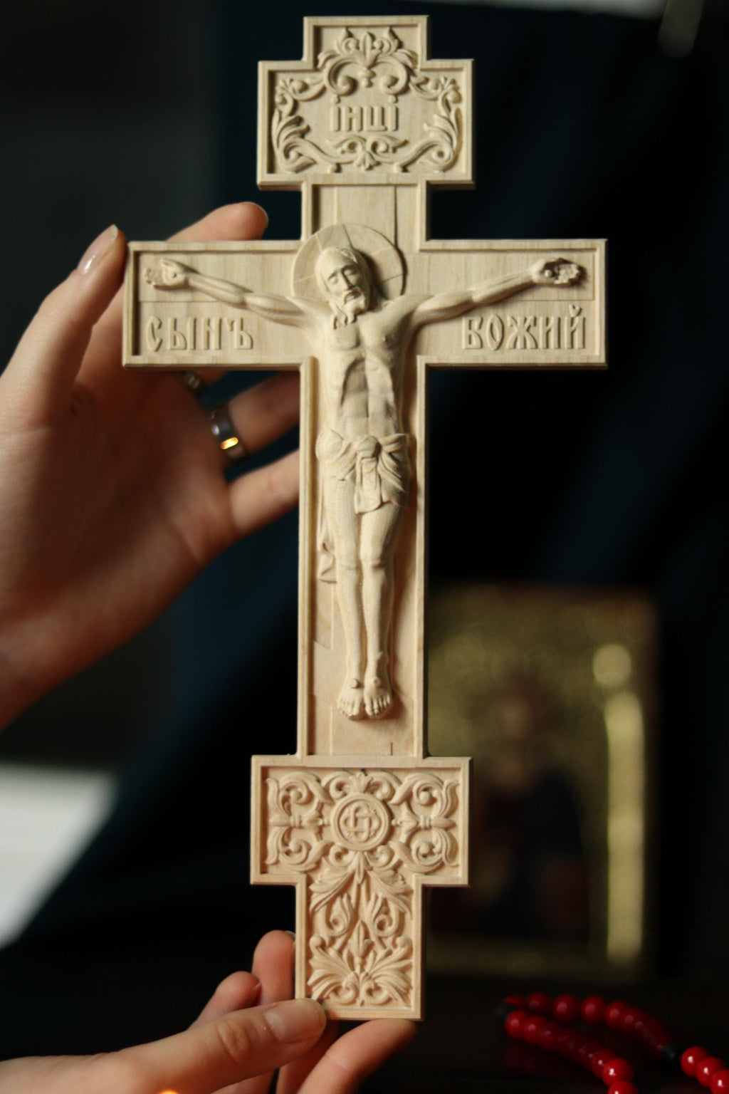 11.8in Beech Wood Church Cross, Wooden Crucifix Jesus Christ, Orthodox Cross, Christian Wall Cross, Prayer Corner Decor