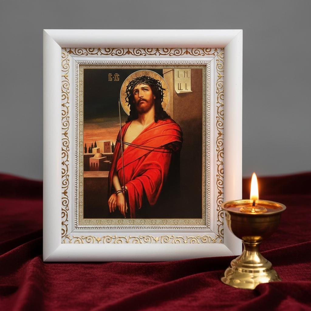 Orthodox Icon Jesus Christ 15x18 cm in White Wooden Kiot 21x24 cm, Hanging Icon, Orthodox Christian Gift, Icon in a Frame