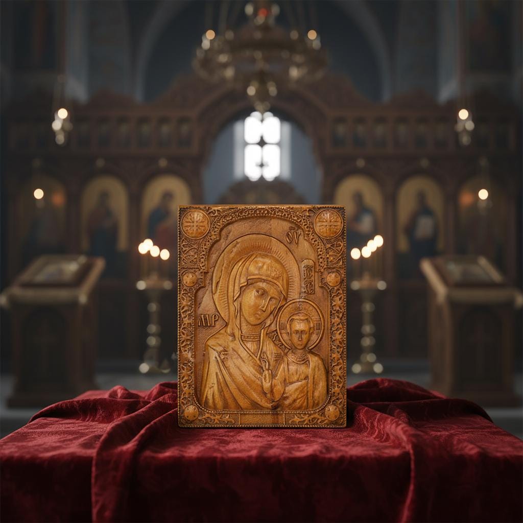 Wooden Icon 18x14 cm, Virgin Mary Icon, Orthodox Icon, God's Mother, Hanging Icon, Christian Wall Decor, Baptism Gift Boy, Godparent Gift