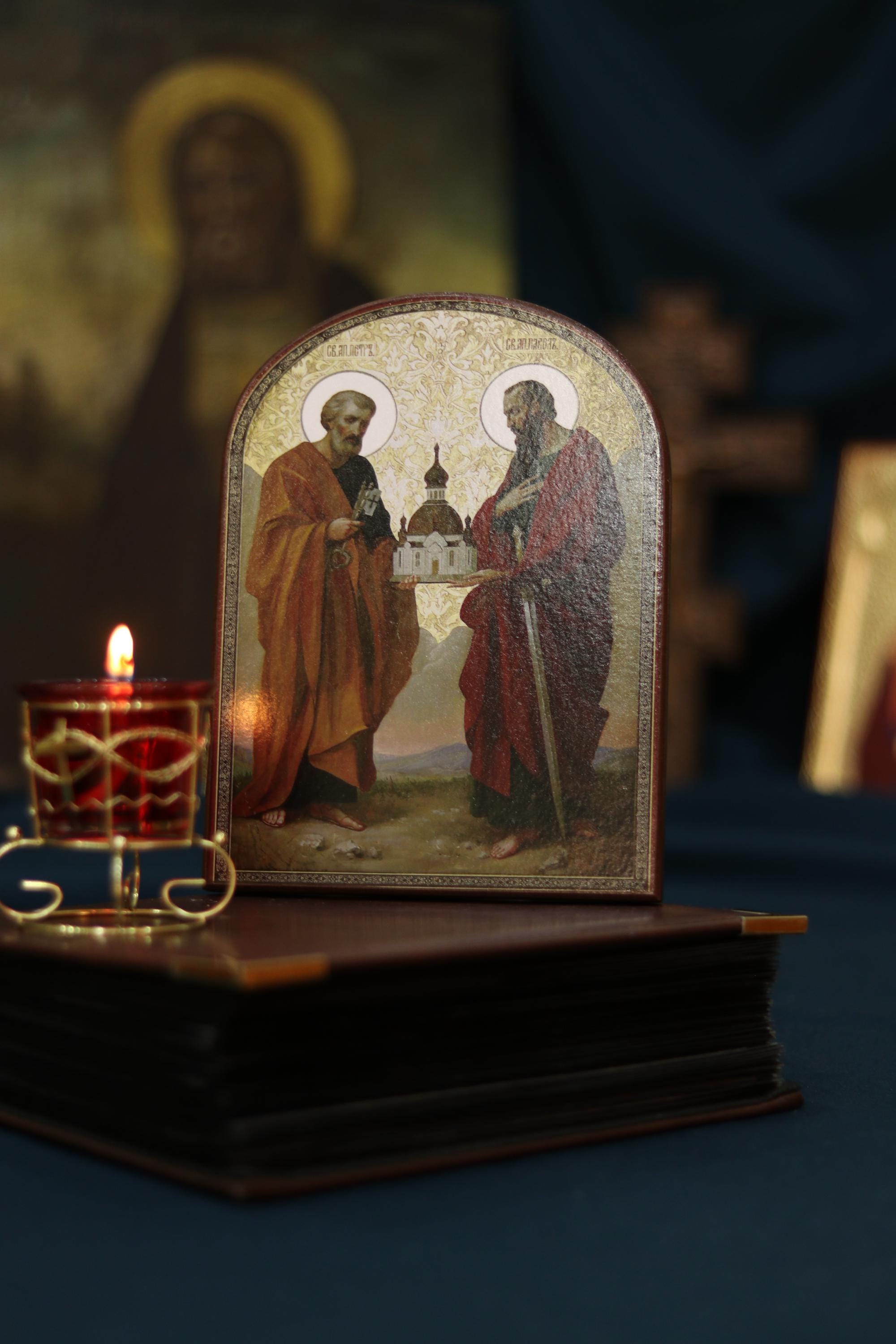 Sts. Peter and Paul Wooden Icon Orthodox Religious Plaque 6.3x4.3in