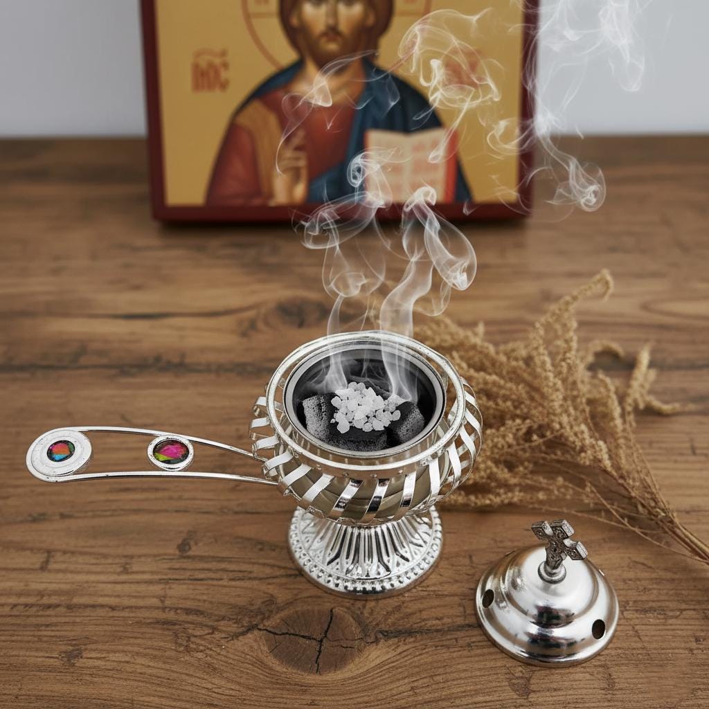 Orthodox Incense Burner Set, Silver Metal Censer 7.4x5.5in, Greek Frankincense, Charcoal Tablets, Christian Prayer Kit, Religious Gift