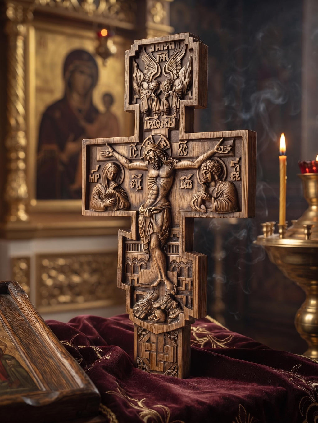 Orthodox Wooden Crucifix, Handcrafted Beech Wood Cross
