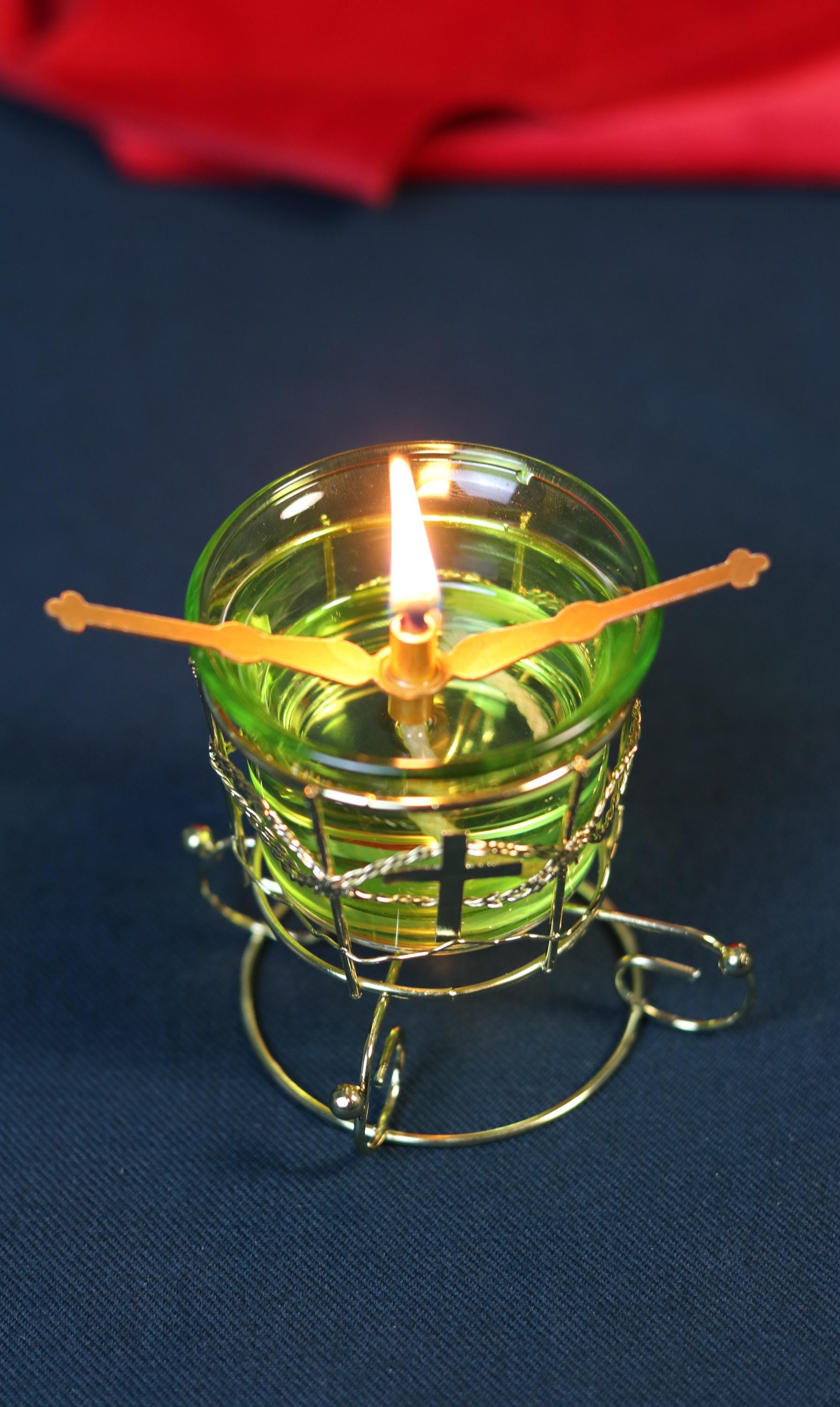 Green Glass Oil Lamp in Metal Stand 2in  – Orthodox Candle Holder for Prayer, Aromatherapy, Altar Decor, Christian Gift, Orthodox prayer