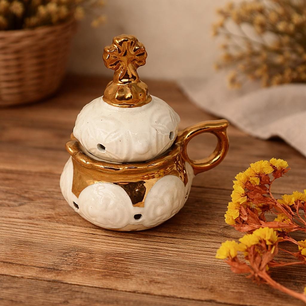 White Ceramic Incense Burner with Handle 4.3 in., Orthodox Censer, Christian Incense Holder