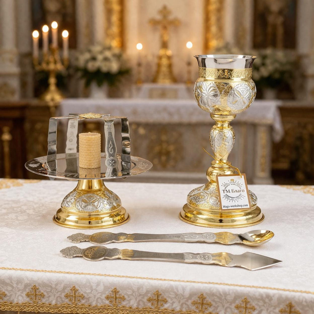 Brass Nickel Eucharist Set 250ml Chalice Diskos Set, Orthodox Communion Set, Spoon Spear Set