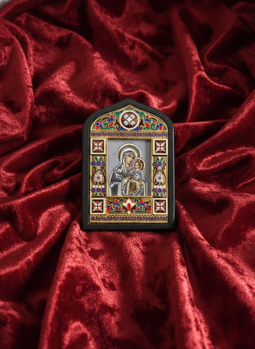 Icon Unfading Bloom Virgin Mary Metal Enamel Wood 4.5x3.1in