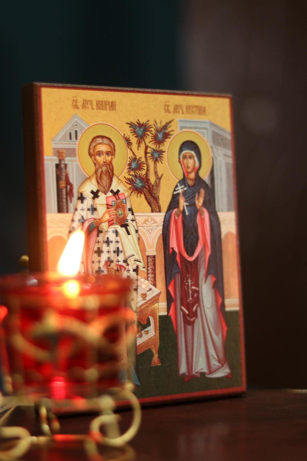Wooden Orthodox Icon 6.3x4.7 in Saints Cyprian and Justina, Home Altar Decor, Christian Gift