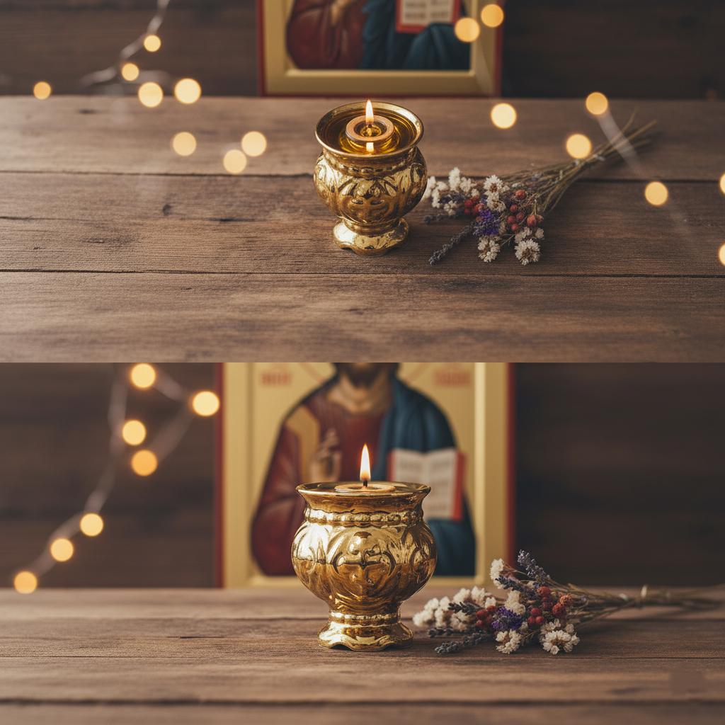 Gold Table Oil Lamp 3.7 in, Home Altar Light with Wicks & Float.