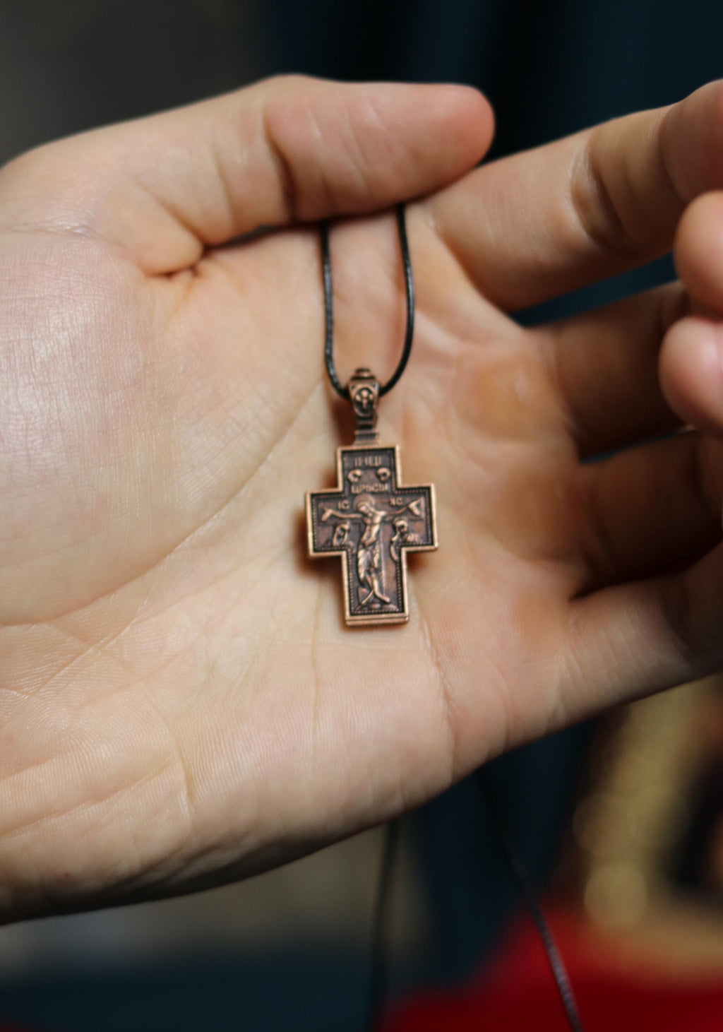 Orthodox Crucifix Necklace – Bronze Cross with Jesus – Back Virgin Mary “The Sign” – 0.7x1 in Pendant, Orthodox cross, Christian jewelry