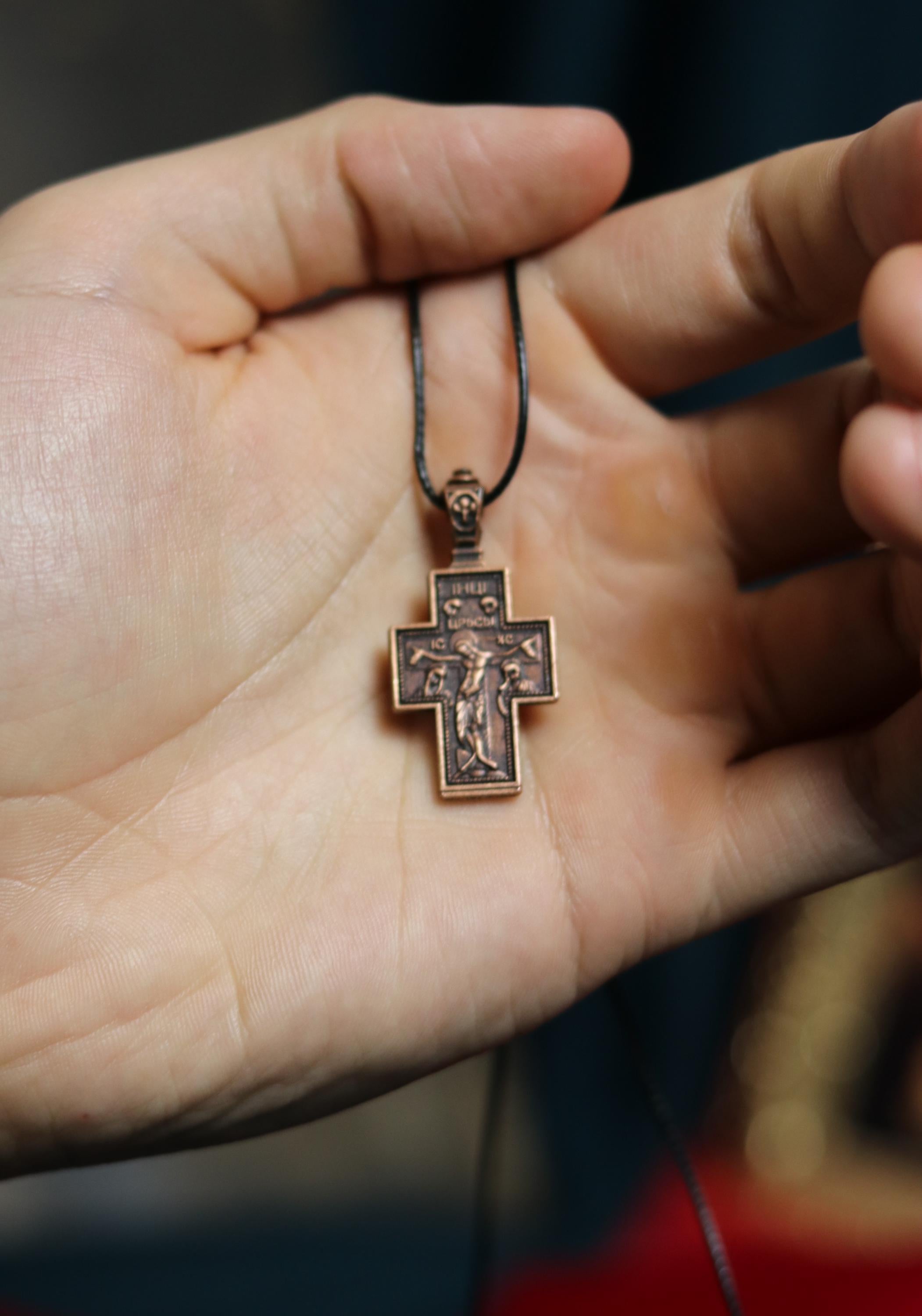 Orthodox Crucifix Necklace – Bronze Cross with Jesus – Back Virgin Mary “The Sign” – 0.7x1 in Pendant, Orthodox cross, Christian jewelry