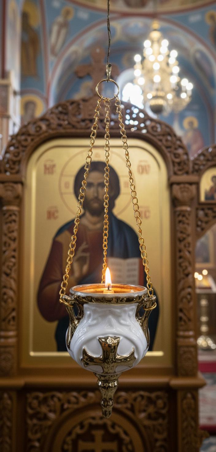 White ceramic Christian pendant lamp with gold cross 5.5 in. Includes 10 wicks, a wick holder, and the pendant lamp.