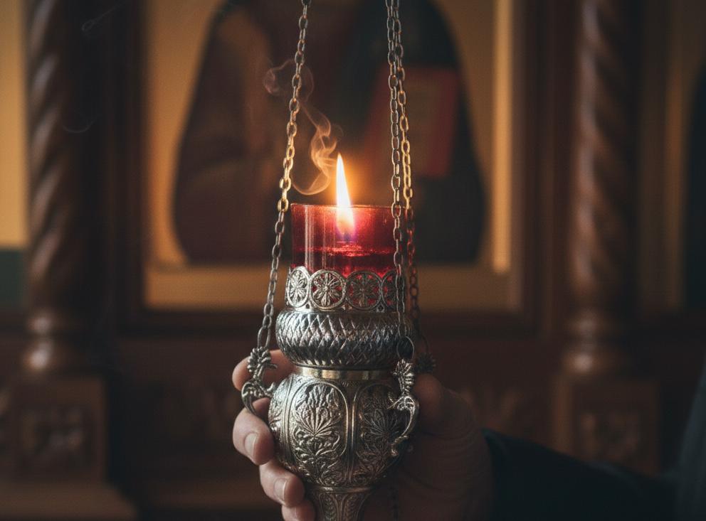 Hanging Oil Lamp 9.06in, Gold Plated Brass Lamp, Orthodox Church Lamp, Greek Lampada, Icon Lamp, Prayer Corner