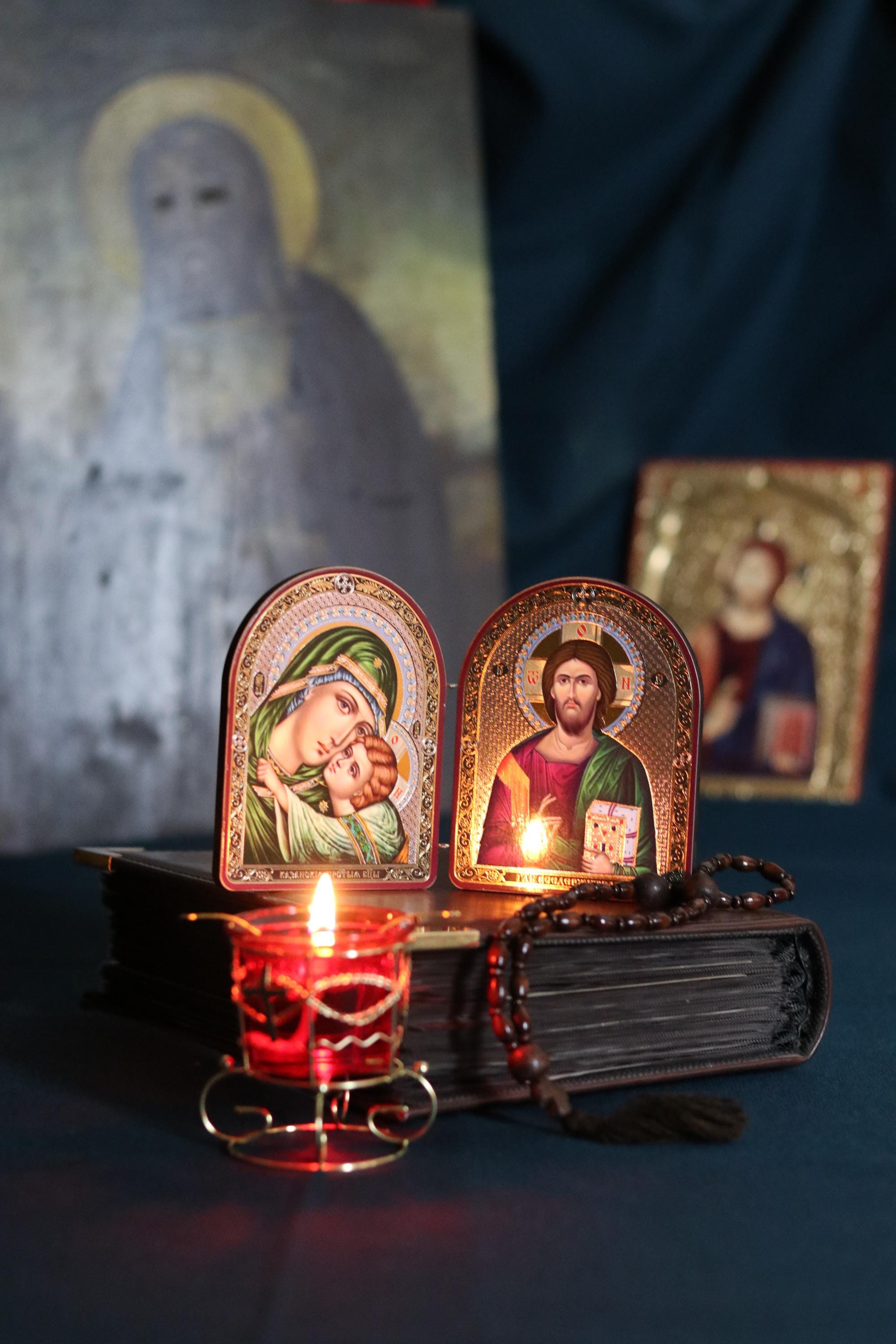 Wooden Folding Icon 4.3in, Orthodox Diptych, Virgin Mary Icon, Jesus Christ Icon, Christian Gift, Prayer Corner Decor