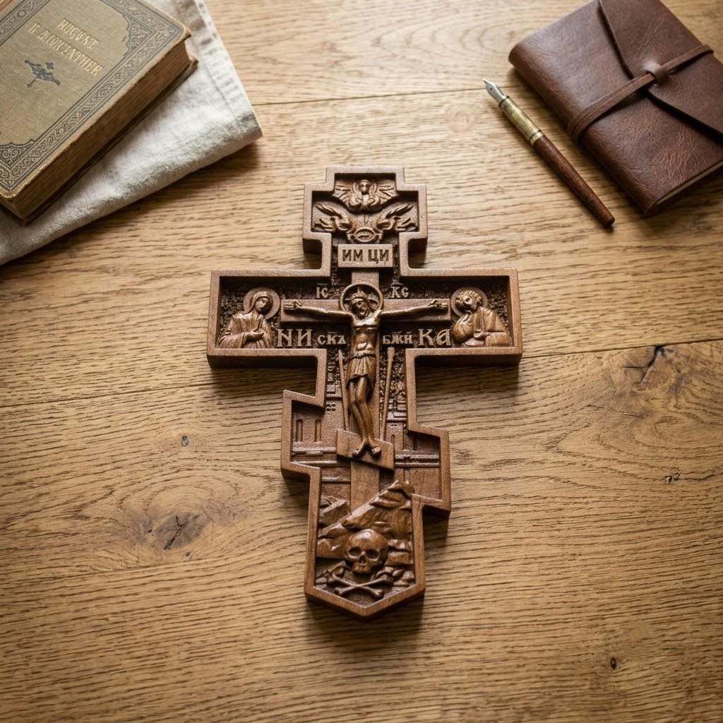 Orthodox Wooden Crucifix, Handcrafted Natural Wood Cross
