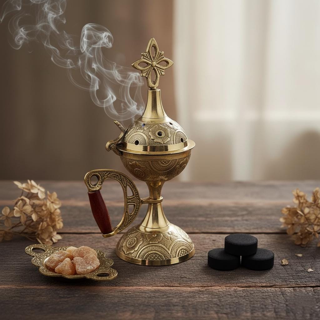 Metal Incense Burner 6.7in Set – Greek Censer with Embossed Design, 50g Greek Incense, 24mm Charcoal Tablets, Orthodox Prayer Kit
