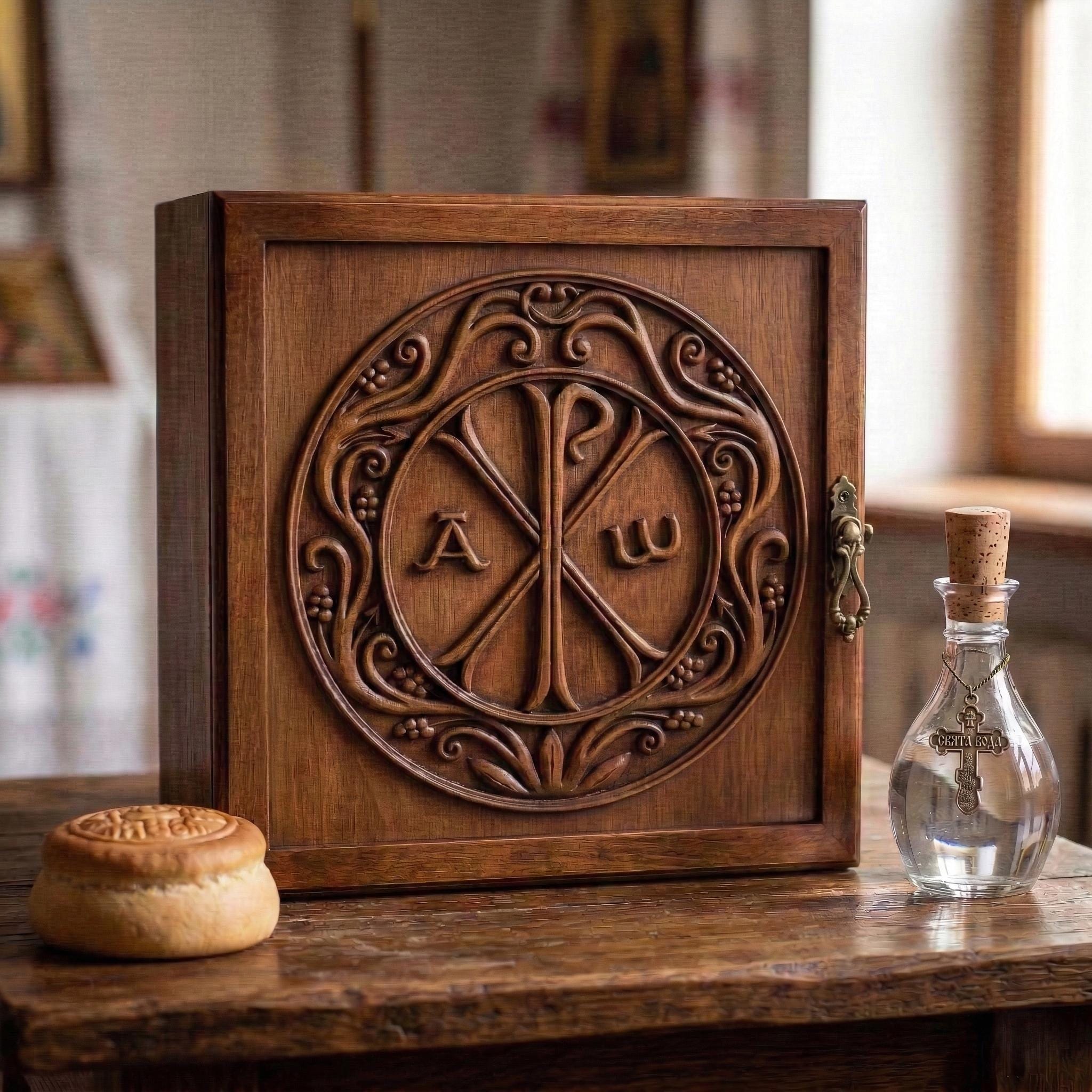 9.8x9.8x7.9 in Wooden Prosphora Box, Prosphora Box, Orthodox Box, Church Container, Wooden Church Box, Prosphora Storage, Antidoron Box