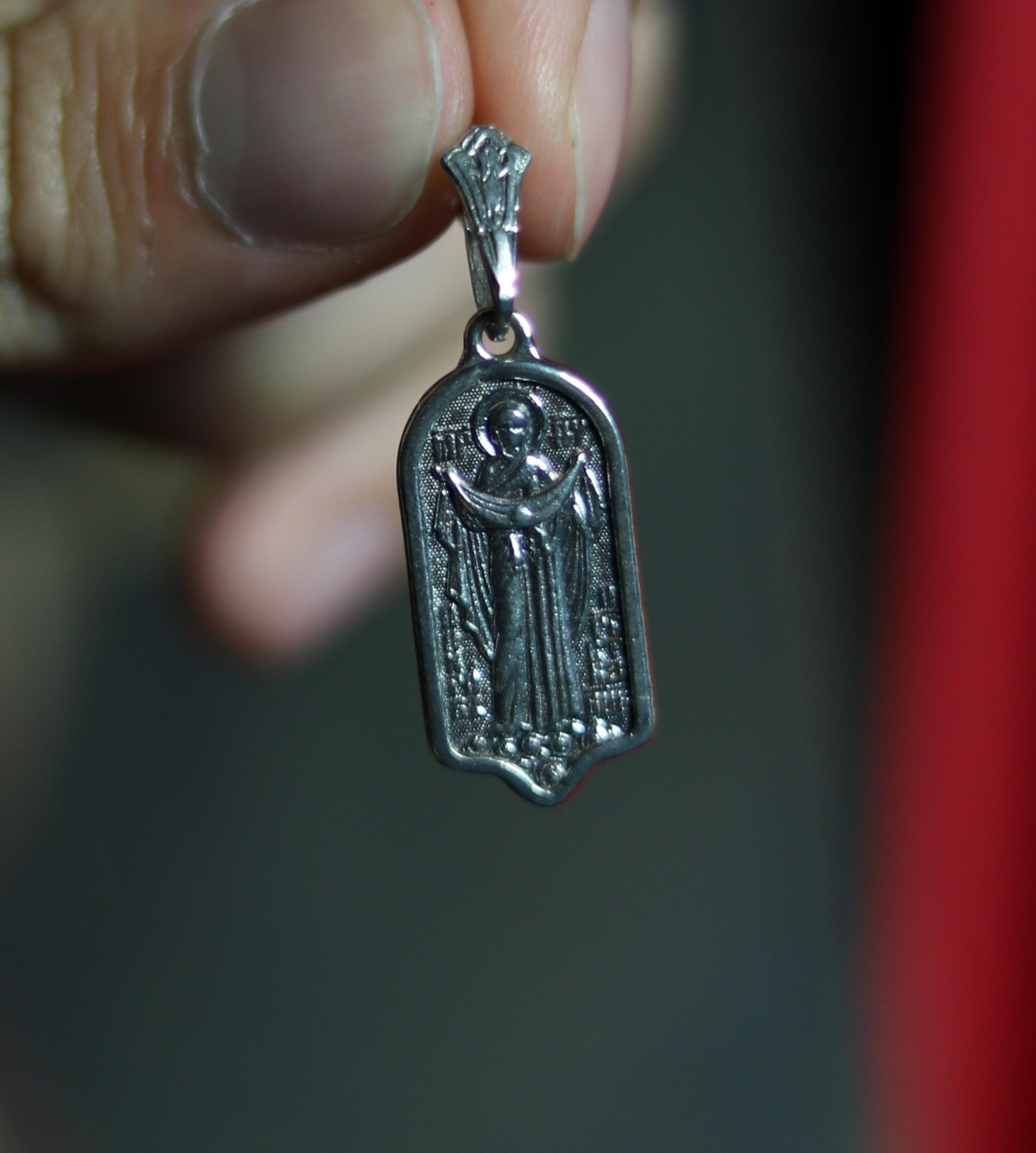 Sterling Silver 925 Orthodox Virgin Mary Pokrov Medal Pendant | 0.98×0.47 in | 3.55g | Blackened Christian Icon Jewelry, Greek orthodox