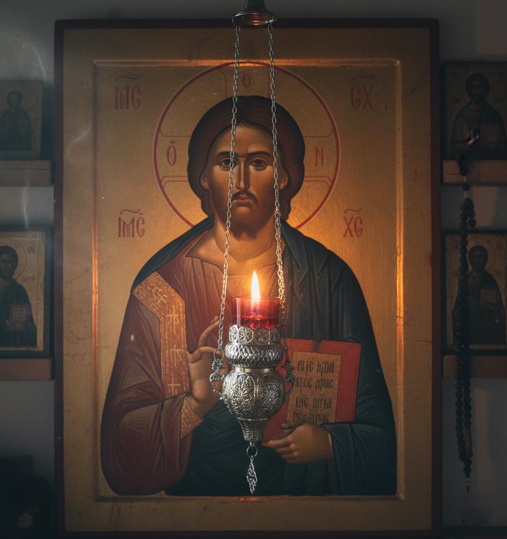 Hanging Oil Lamp 9.06in, Gold Plated Brass Lamp, Orthodox Church Lamp, Greek Lampada, Icon Lamp, Prayer Corner