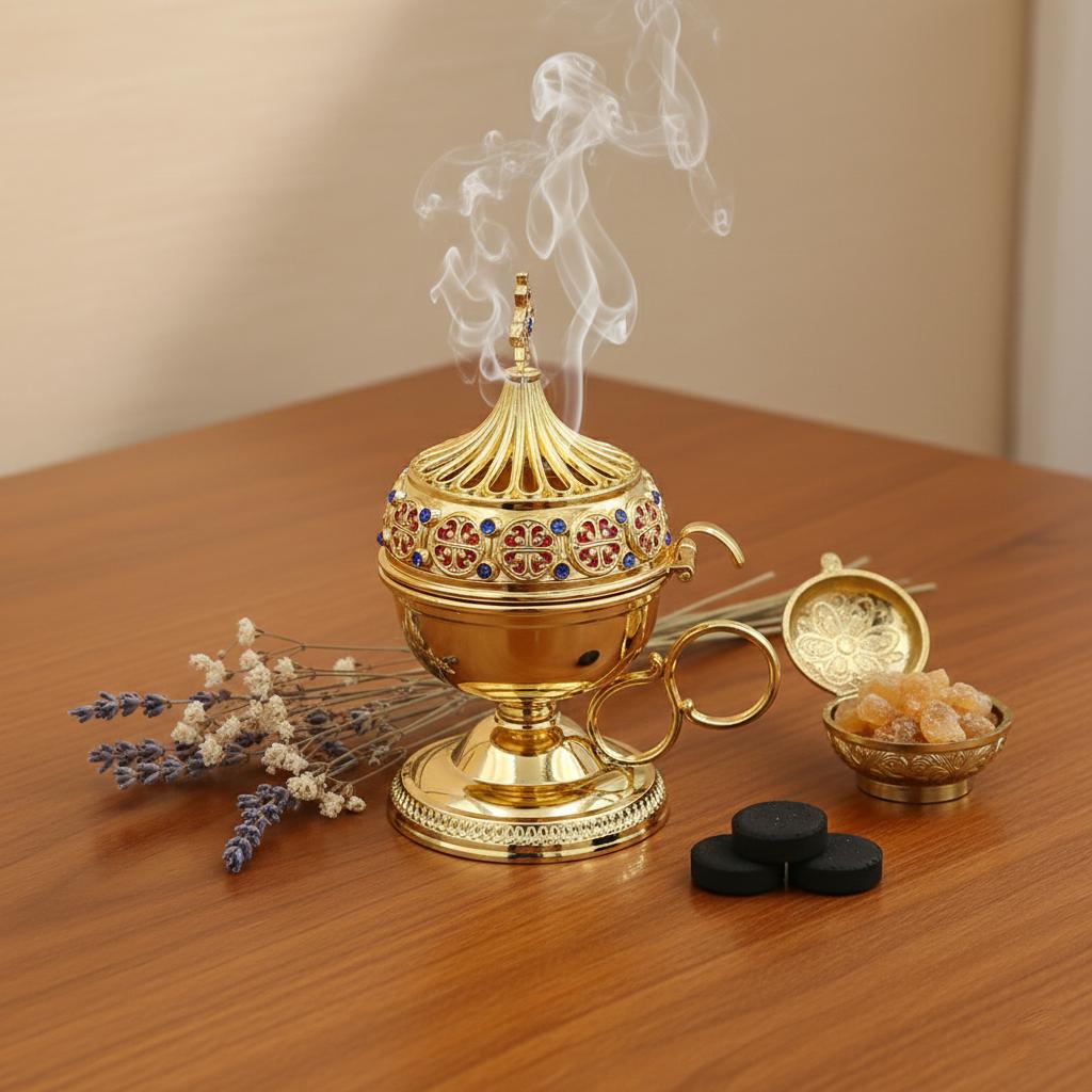 Christian incense set: censer, 50 grams of Greek incense and 6 tablets of charcoal.