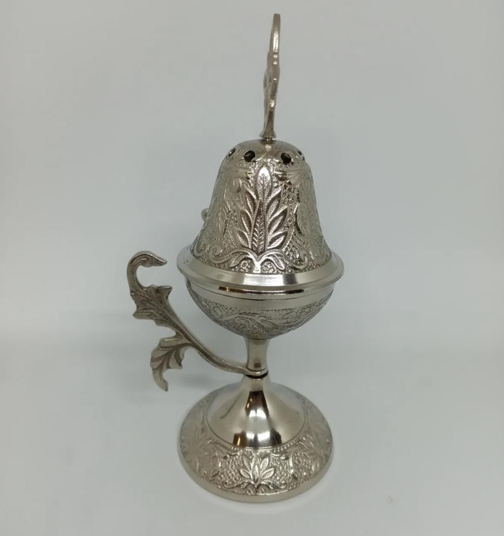 Silver Tone Orthodox Incense Burner 8in, Tall Greek Home Censer, Engraved Metal Censer, Byzantine Censer, Prayer Tool