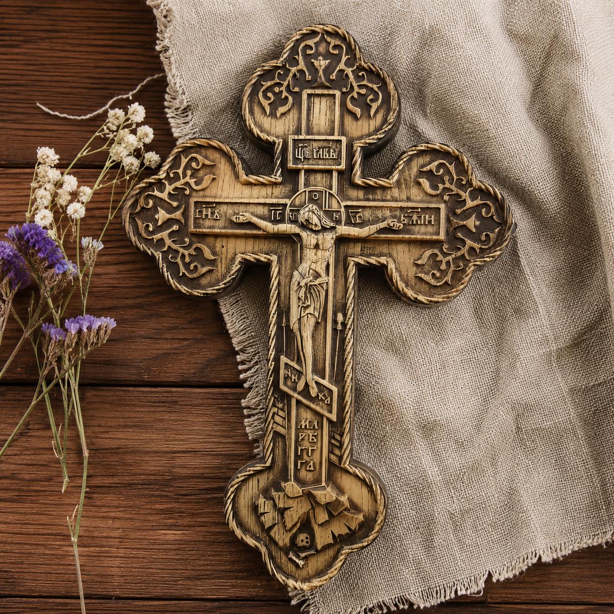 Orthodox Wooden Crucifix, Handcrafted Beech Wood Cross