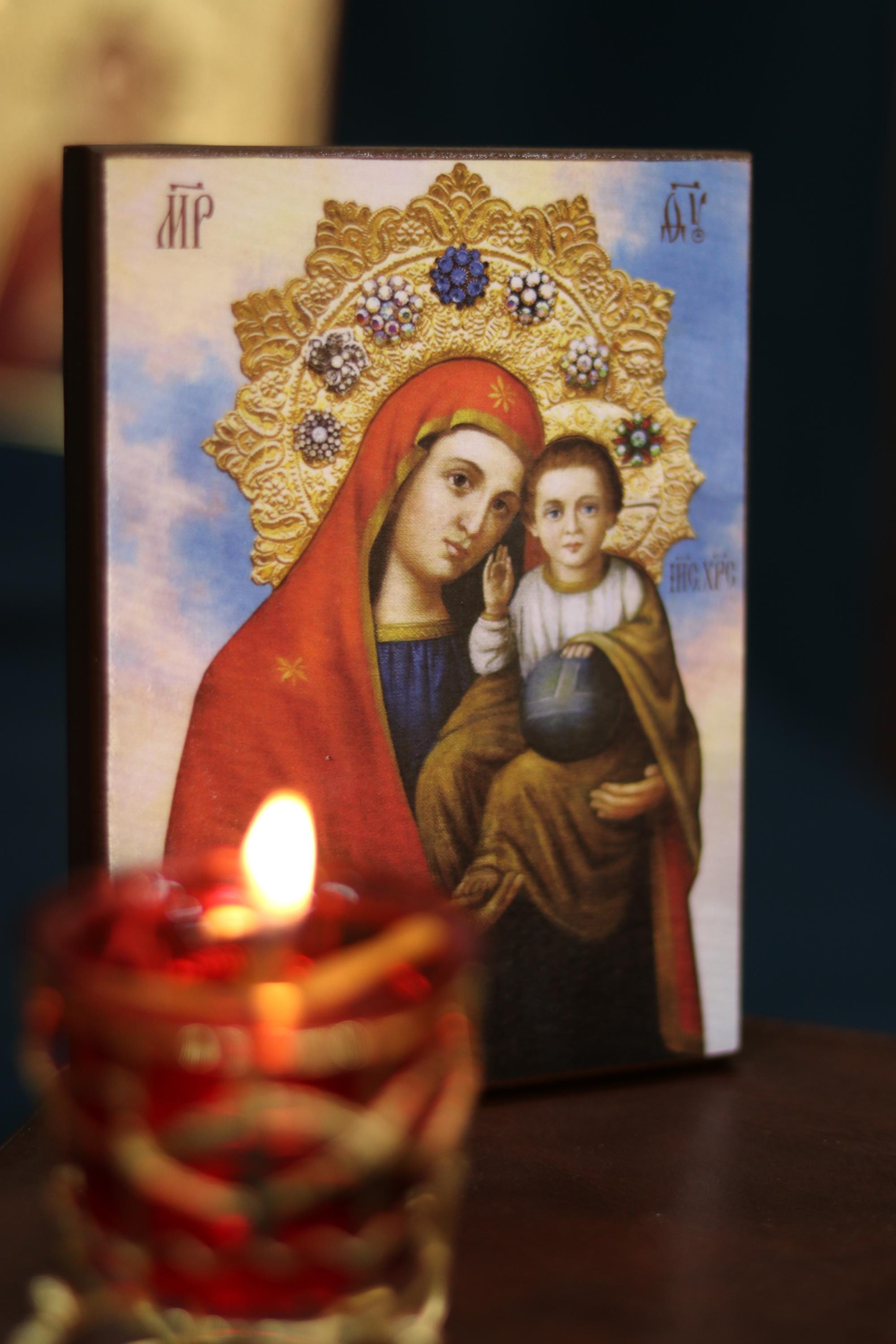 Virgin Mary Icon with Child Wood Orthodox Icon Christian Decor Gift