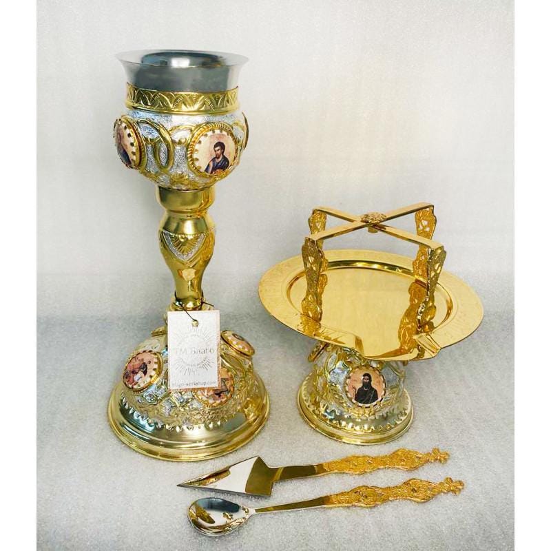 Brass Nickel Eucharist Set 250ml Chalice Diskos Set, Orthodox Communion Set with Icons, Spoon Spear Set, Engraved Liturgical Vessels