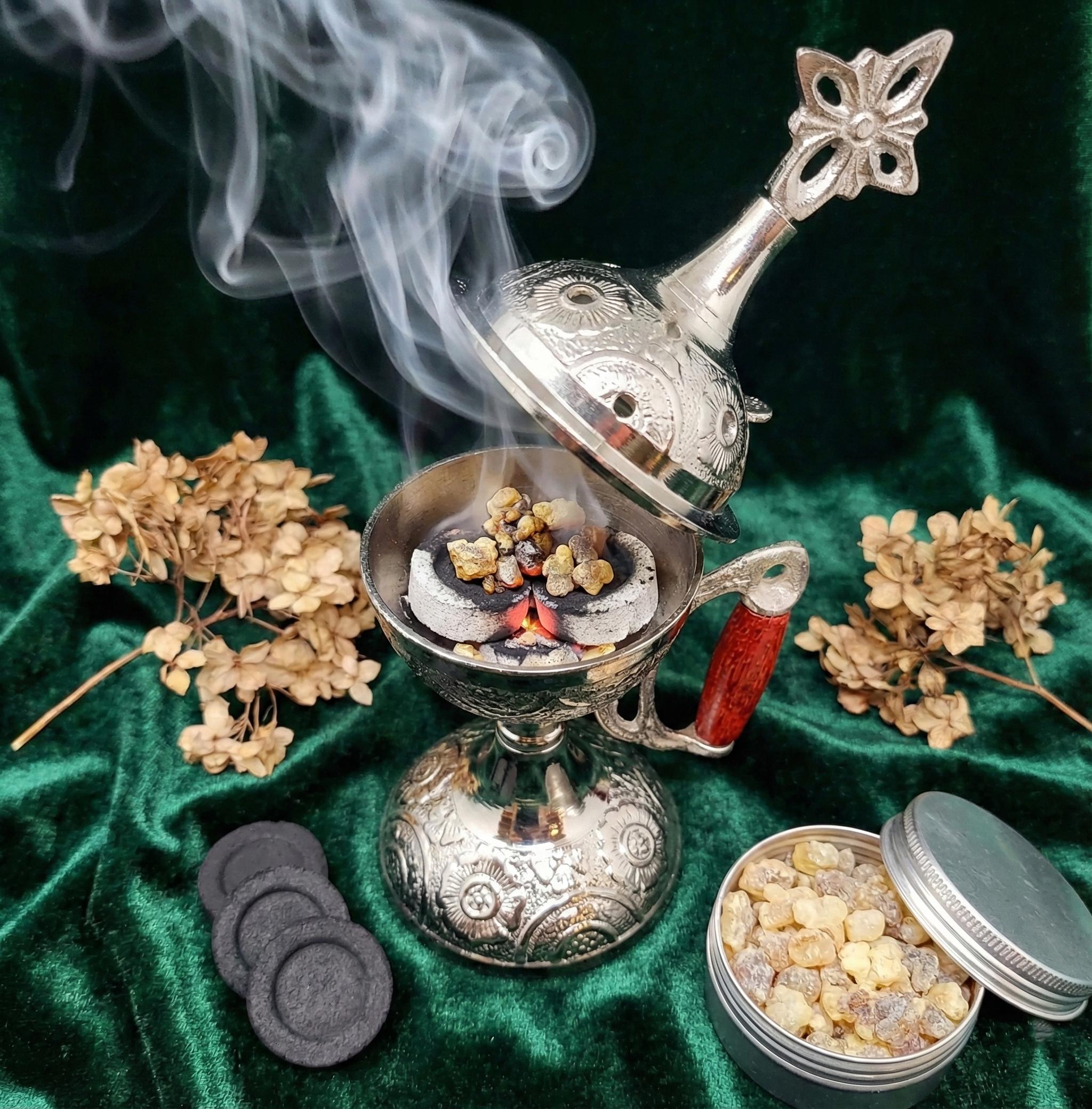 Greek Metal Censer Set, 14cm Incense Burner with 50g Frankincense & Charcoal.