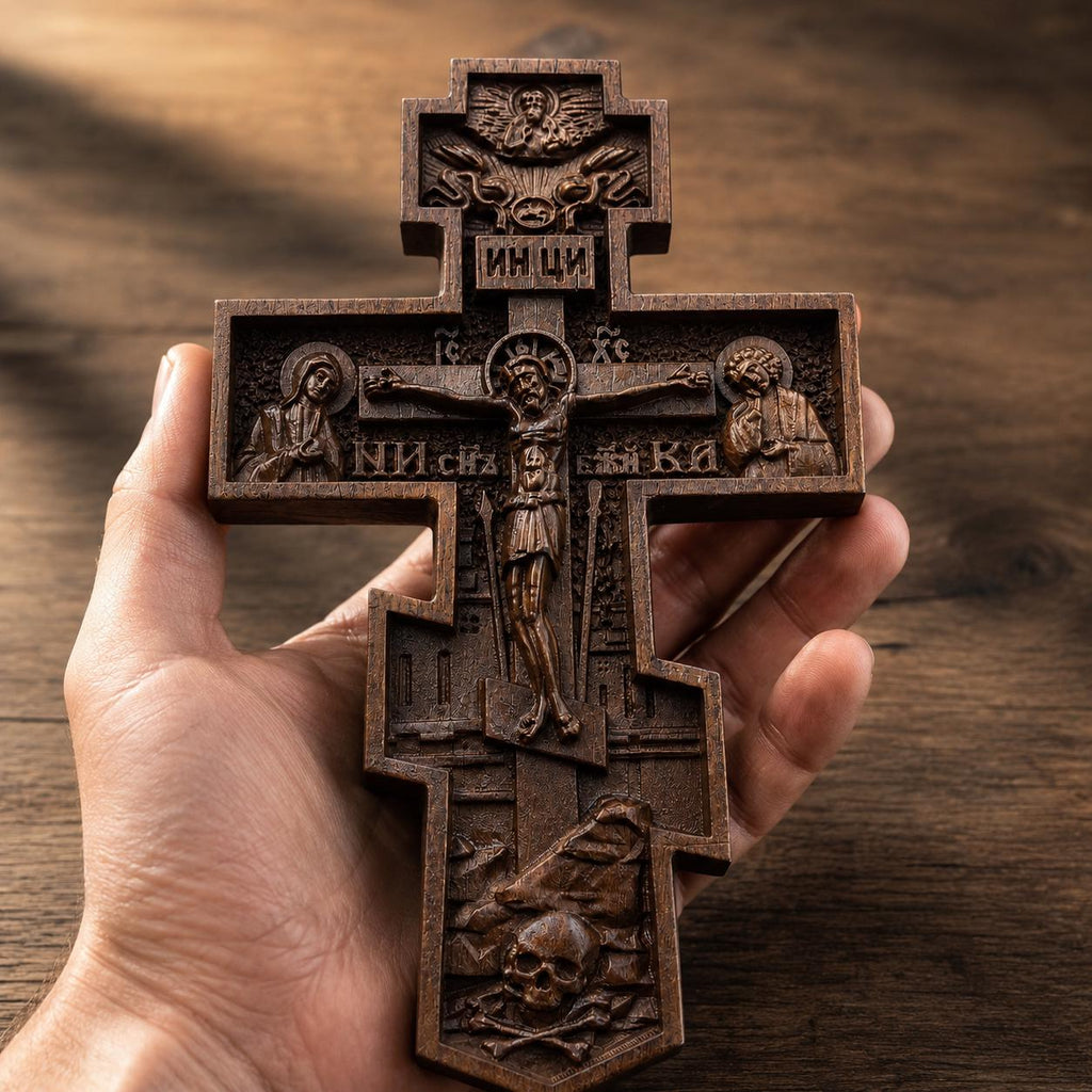 Orthodox Wooden Crucifix, Handcrafted Natural Wood Cross